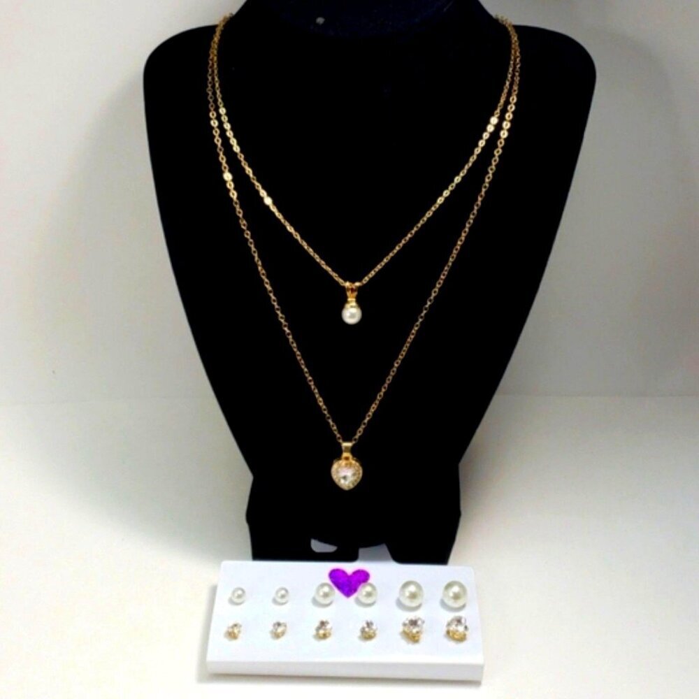 Gold tone Layered Necklace & Stud Earrings - Faux Pearl & Heart Crystal Pendant